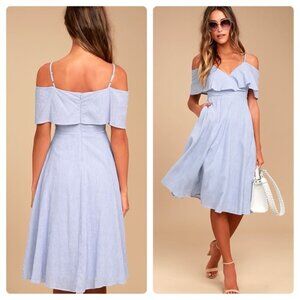 NEW Lulu's Yacht Rock Blue and White Striped Off-the-Shoulder Midi Dress P55